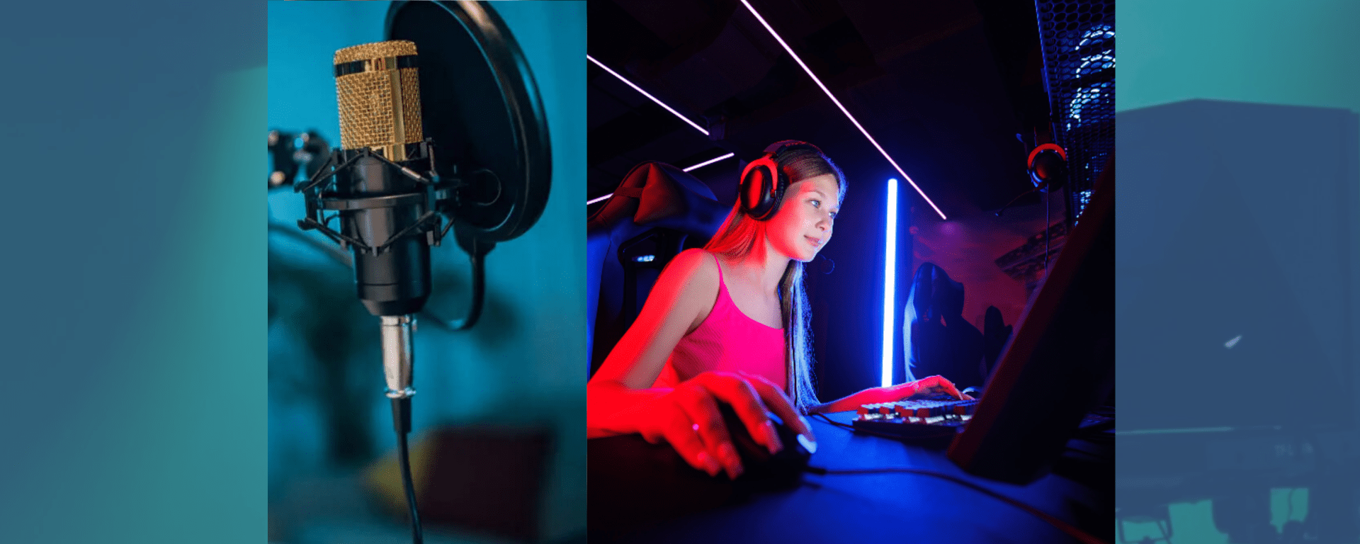A imagem é uma composição dividida em três partes: No lado esquerdo, há um microfone profissional dourado montado em um suporte com um filtro pop preto à frente. O fundo tem um tom azul desfocado, sugerindo um ambiente de estúdio ou gravação. No centro, uma jovem mulher loira usa fones de ouvido com microfone embutido enquanto joga no computador. Ela veste uma regata rosa e está iluminada por luzes neon azuis e rosas. Sua expressão é focada e ela segura um mouse com a mão direita enquanto digita ou controla o jogo com a esquerda. No lado direito, há um monitor de computador escuro com luzes refletindo ao redor, indicando um ambiente de produção ou transmissão. A composição da imagem sugere temas relacionados a streaming, criação de conteúdo ou transmissões ao vivo.