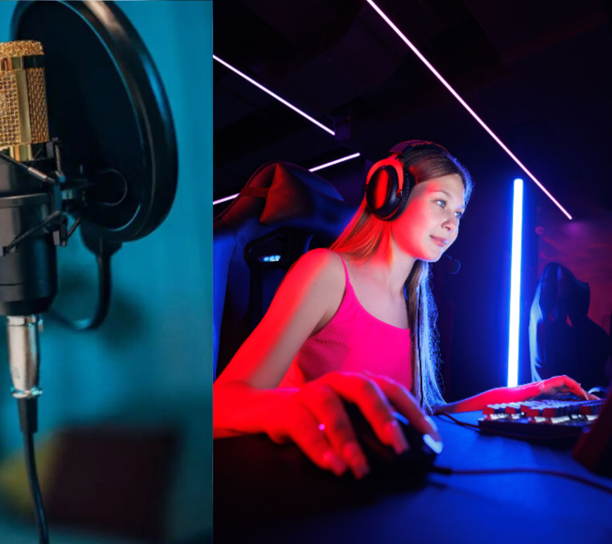 A imagem é uma composição dividida em três partes: No lado esquerdo, há um microfone profissional dourado montado em um suporte com um filtro pop preto à frente. O fundo tem um tom azul desfocado, sugerindo um ambiente de estúdio ou gravação. No centro, uma jovem mulher loira usa fones de ouvido com microfone embutido enquanto joga no computador. Ela veste uma regata rosa e está iluminada por luzes neon azuis e rosas. Sua expressão é focada e ela segura um mouse com a mão direita enquanto digita ou controla o jogo com a esquerda. No lado direito, há um monitor de computador escuro com luzes refletindo ao redor, indicando um ambiente de produção ou transmissão. A composição da imagem sugere temas relacionados a streaming, criação de conteúdo ou transmissões ao vivo.